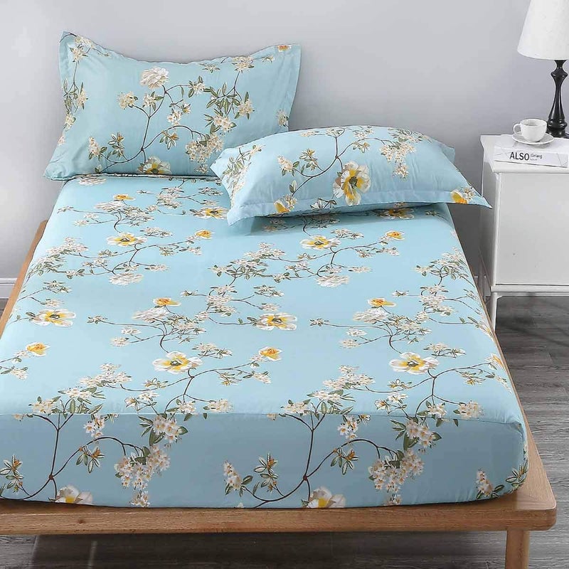 Nanko King Fitted Bed Sheet 78x80 Deep Pocket Mattress Teal Floral Farmhouse Best Luxury Cool Soft Lightweight Microfiber Bedding Set 2 Pillowcases 10 11 12 14 inch Green White Flower - Image 1